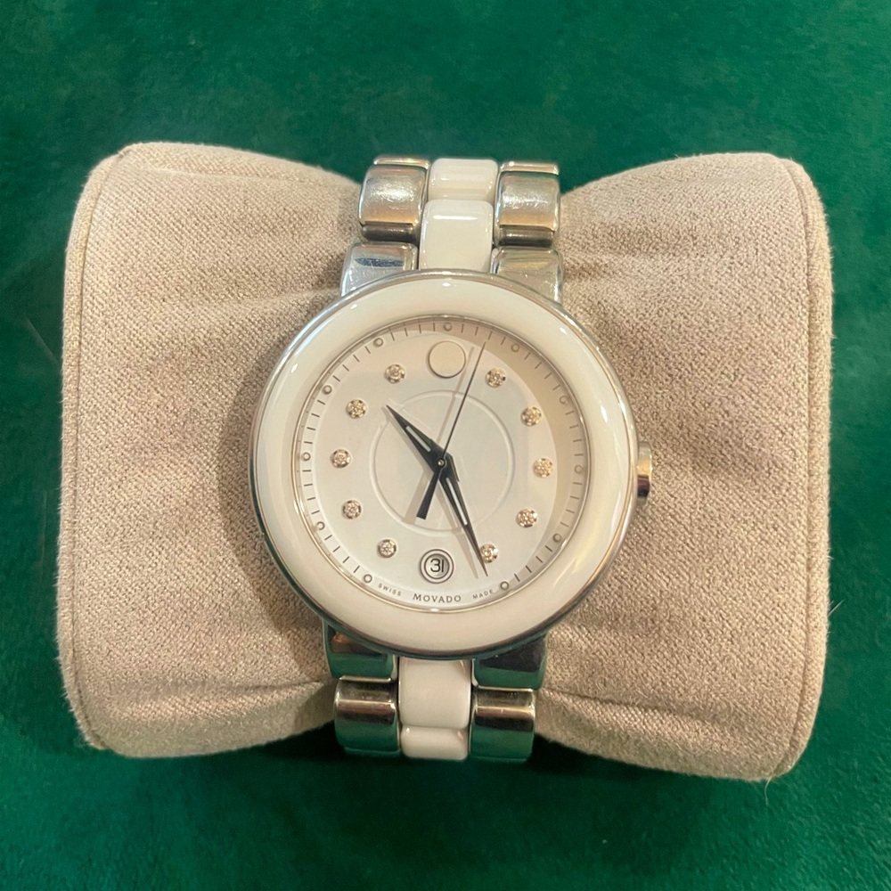 MOVADO WOMENS DIAMONDS SILVER-WHITE CERAMIC SS SWISS WATCH CERENA  PRE OWNED